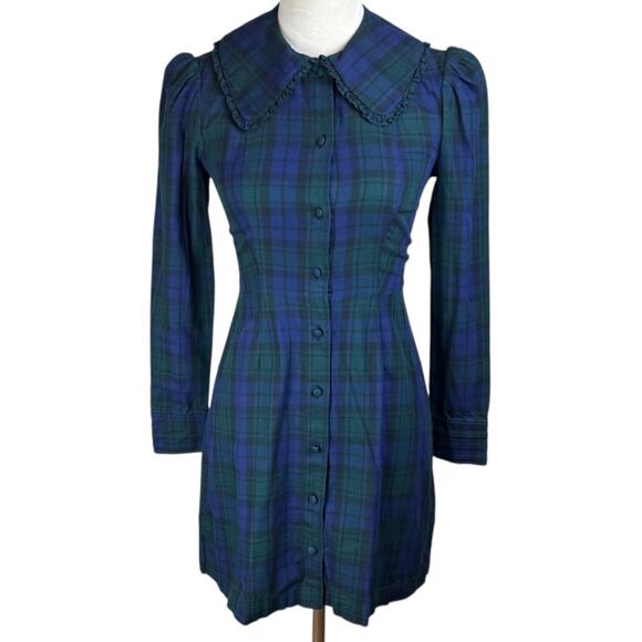 Hill House NWT XXS Blue Green Plaid Collared Puff Long Sleeve Knee Length Dress - Picture 1 of 11